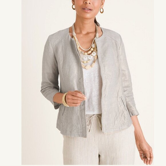 Chico's Jackets & Blazers - Chicos 100% Linen Foiled Jacket Metallic Silver Gray Neutrals Zip Up Lightweight